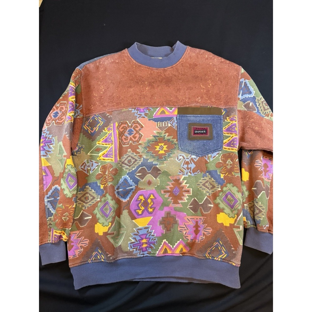 Vintage 1990's Major Damage Patchwork Aztec / Coogi-Esque UniCrew Sweatshirt, L